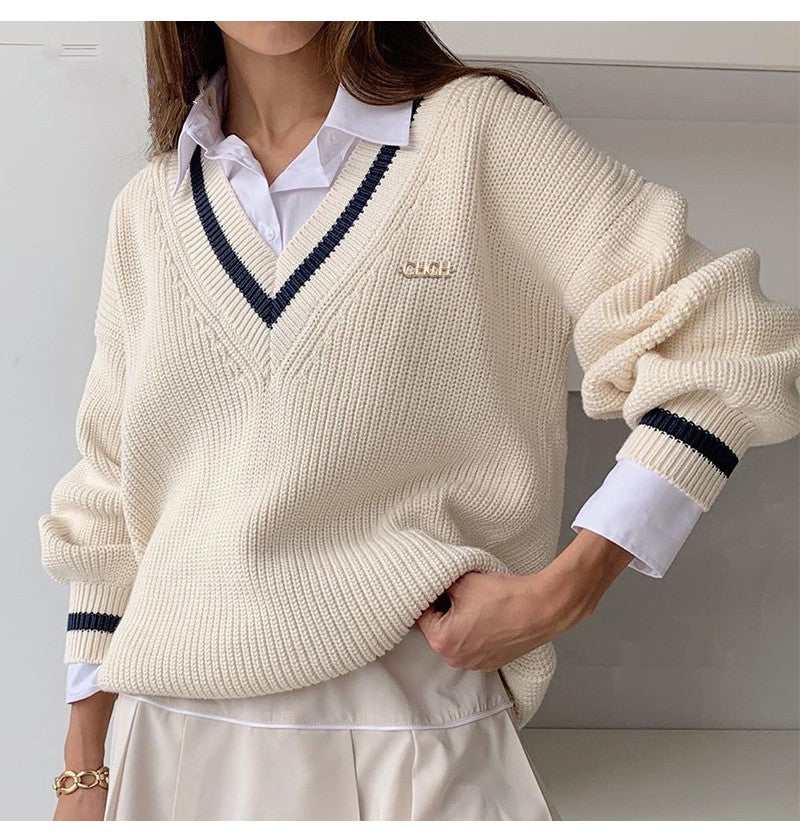 Nova camisola feminina outono inverno malha coreano streetwear solto pulôver sweatshirts chiques topos manga longa com decote em v camisola de malha