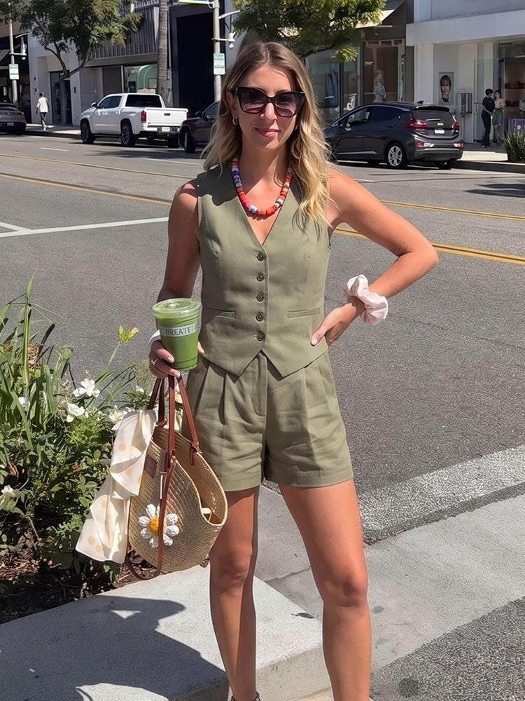 Piper Slim V-Neck Vest & Pleated Shorts Set