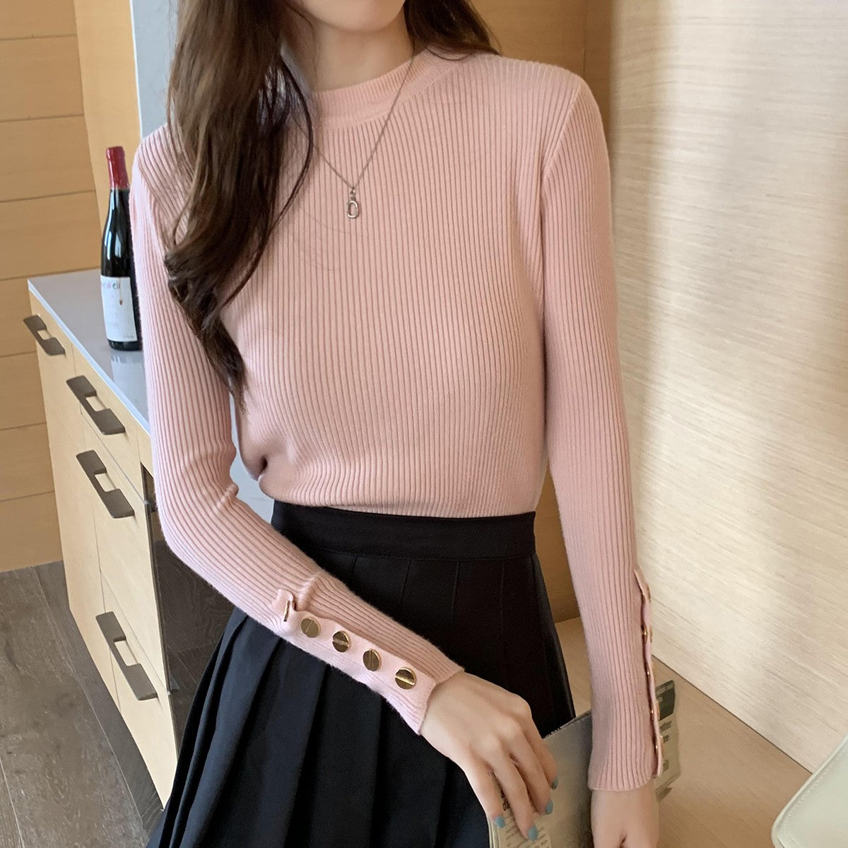Outono inverno feminino camisola de malha manga longa botão o pescoço fino pulôver suéteres feminino macio quente bottoming topos
