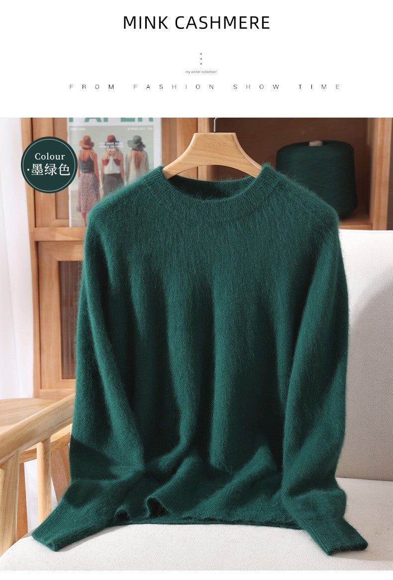 Outono e inverno novo suéter de caxemira de vison feminino curto grosso semi-gola alta camisa de fundo cor sólida simples topo