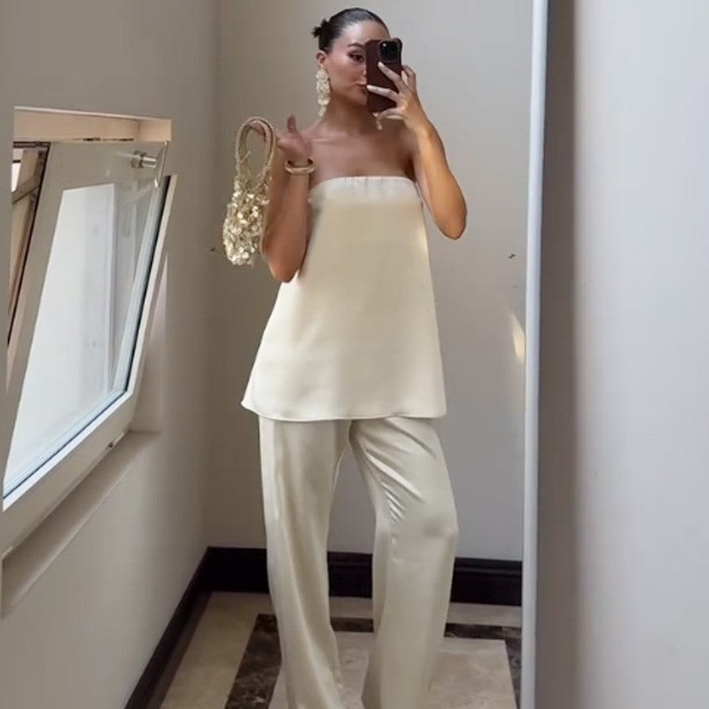 Reina Satin Tube Top & Wide-Leg Pants Set