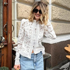 Blusas Femininas Vintage de Renda, Camisas Casuais de Verão com Gola Vazada, Elegantes com Bordado e Manga Bufante, Blusas Sexy