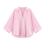 Camisa de Manga Larga HipSeam para Mulheres, Primavera, Com Barra Assimétrica e Botões, Camisas Simples com Gola Johnny