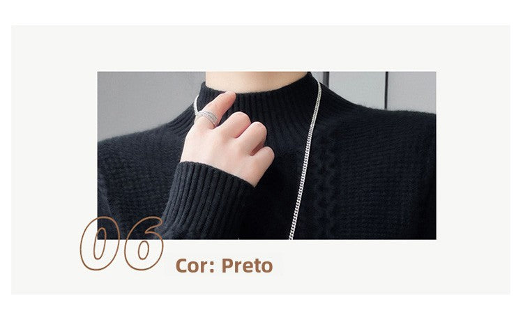 Camiseta Feminina de Gola Alta para Outono e Inverno, Suéter de Cashmere que Emite Calor, Manga Longa, Ajuste Regular