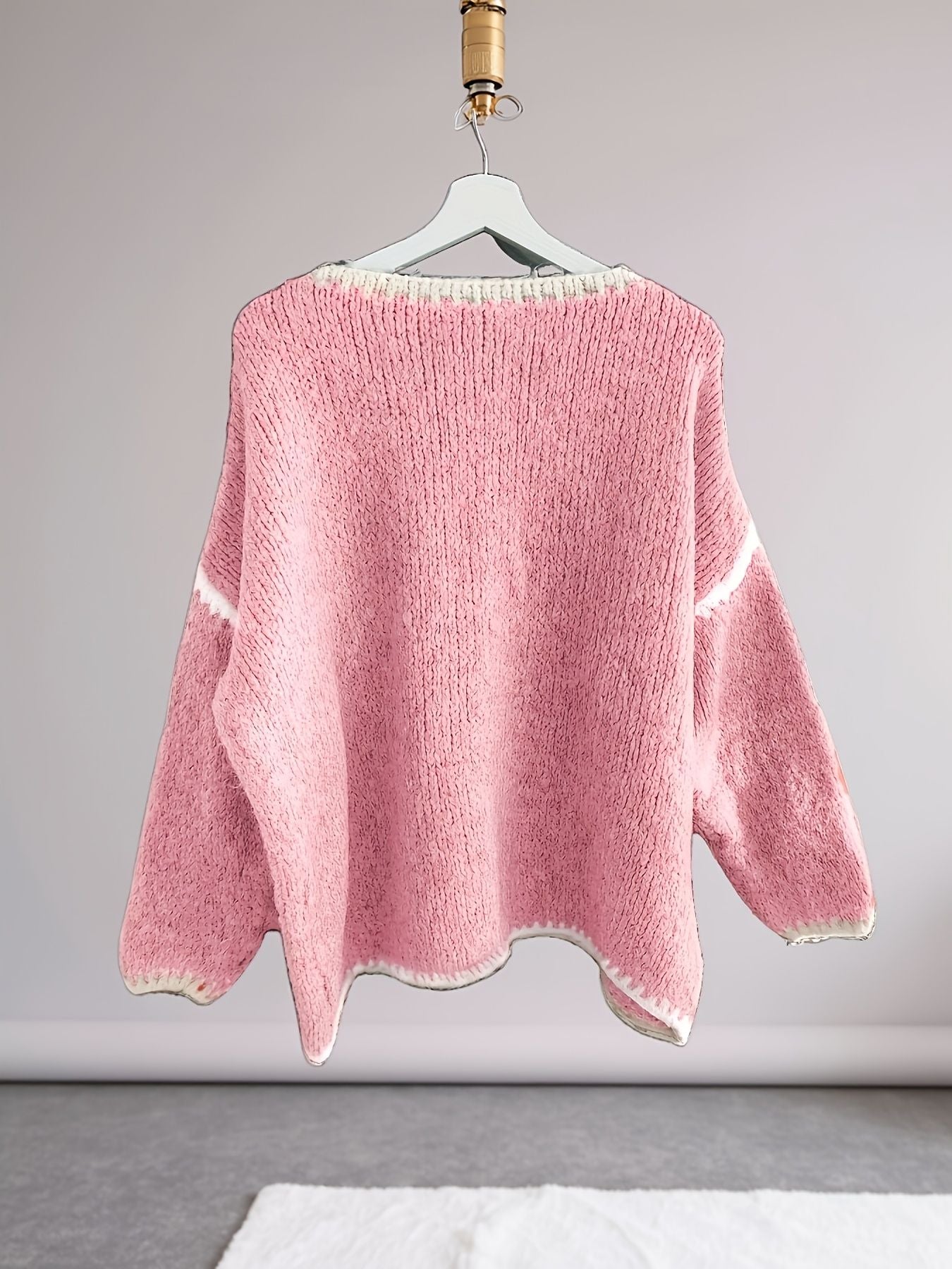Suéter feminino de outono e inverno com blocos de cores, gola redonda, manga comprida, solto, estilo vintage casual, top de malha.