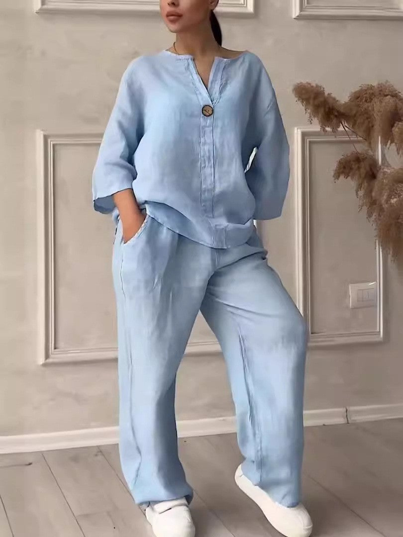 Wren Cotton-Linen Blouse & Wide-Leg Pants Set