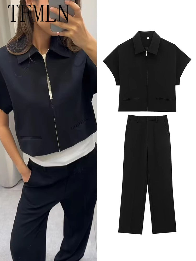 Noelle Zip-Front Wide-Leg Set