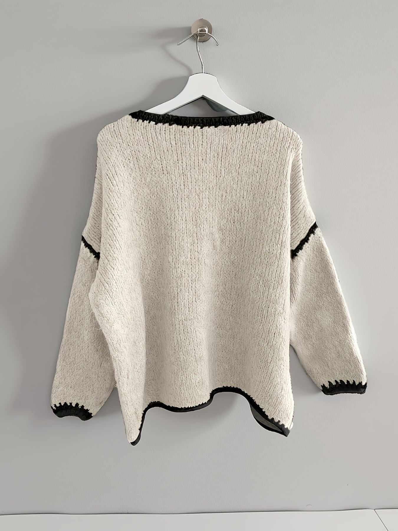 Suéter feminino de outono e inverno com blocos de cores, gola redonda, manga comprida, solto, estilo vintage casual, top de malha.