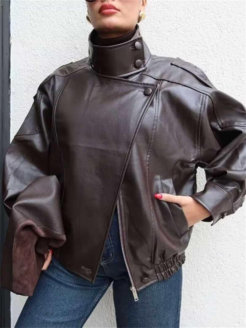 Jaqueta Feminina 2026 Outono Nova Preta Manga Longa Couro Sintético Texturizado Estilo Motociclista Personalidade e Moda