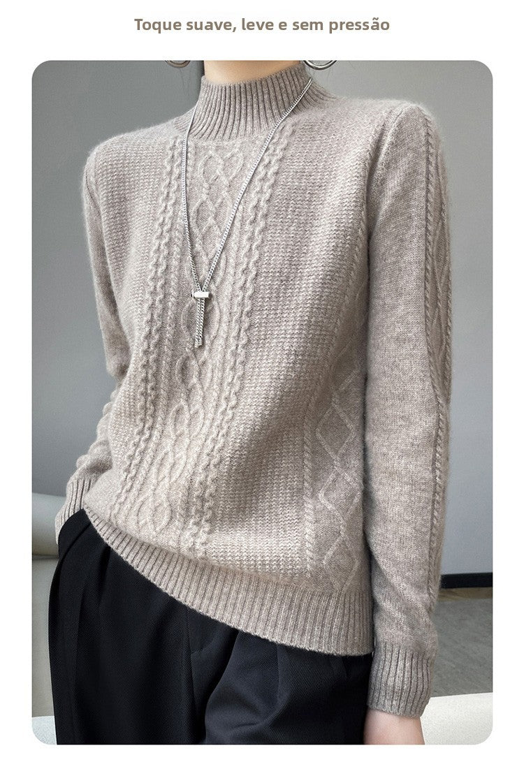 Camiseta Feminina de Gola Alta para Outono e Inverno, Suéter de Cashmere que Emite Calor, Manga Longa, Ajuste Regular