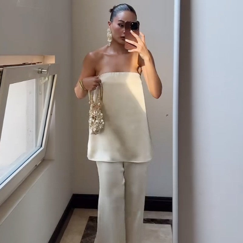 Reina Satin Tube Top & Wide-Leg Pants Set