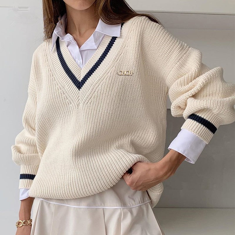 Nova camisola feminina outono inverno malha coreano streetwear solto pulôver sweatshirts chiques topos manga longa com decote em v camisola de malha