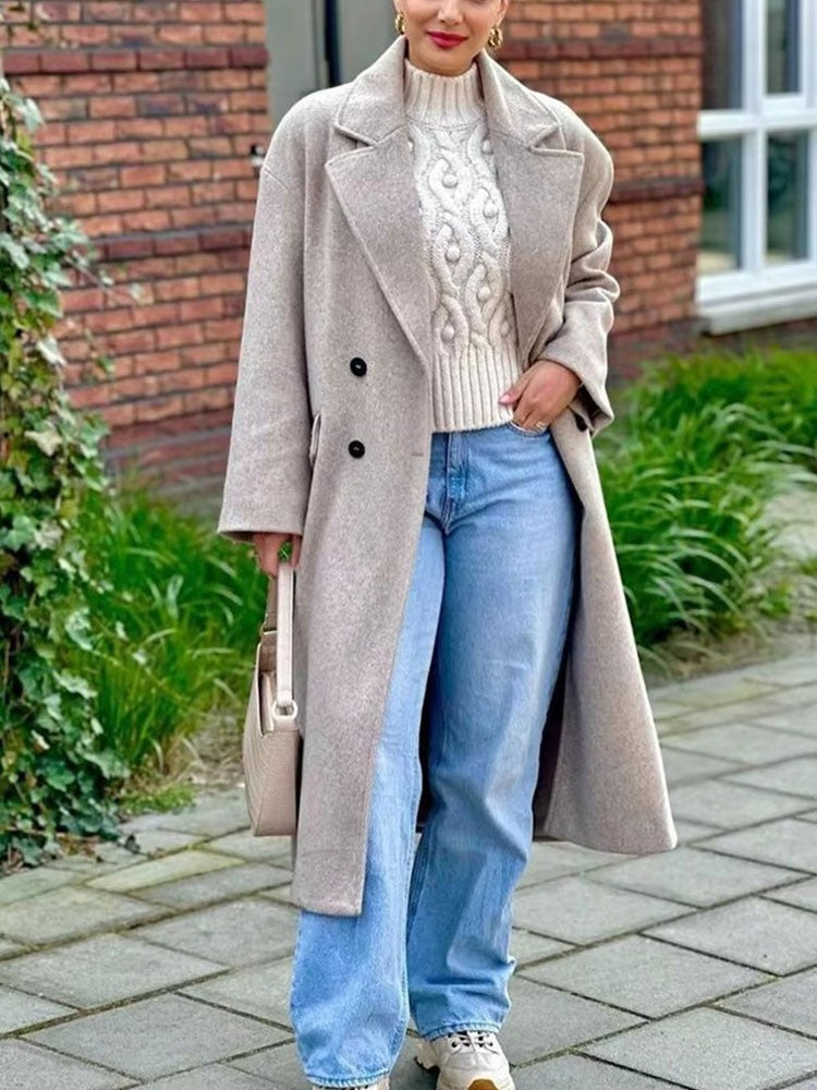 Hh feminino inverno casual mistura de lã entalhado lapela gola casaco chique trespassado trench coats oversized feminino jaquetas longas