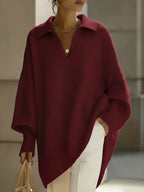 Suéter Tricotado Estilo Casual com Manga Longa e Zíper, Cor Sólida, Feminino, Outono Inverno, Fibra de Poliéster, Top Confort...
