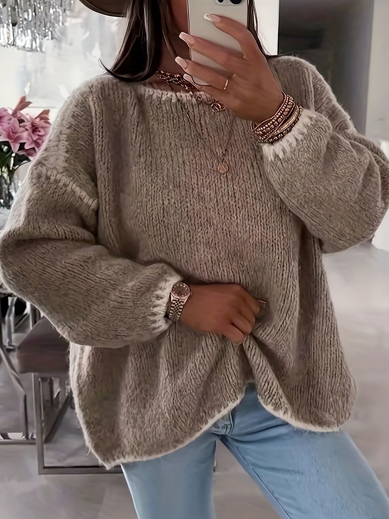 Suéter feminino de outono e inverno com blocos de cores, gola redonda, manga comprida, solto, estilo vintage casual, top de malha.