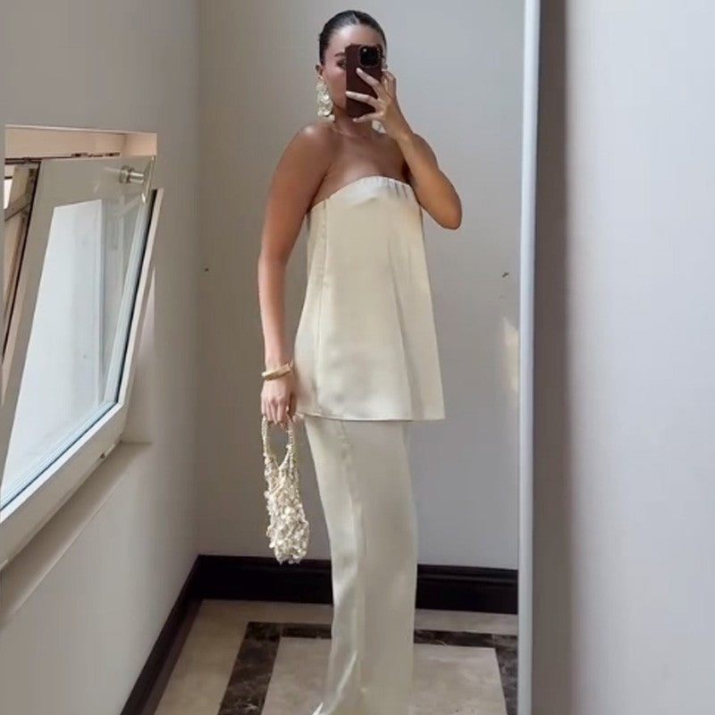 Reina Satin Tube Top & Wide-Leg Pants Set