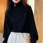 Meia gola zip camisola feminina pullovers de malha macia manga longa curto jumper outono inverno adolescente-menina roupa de moda coreana