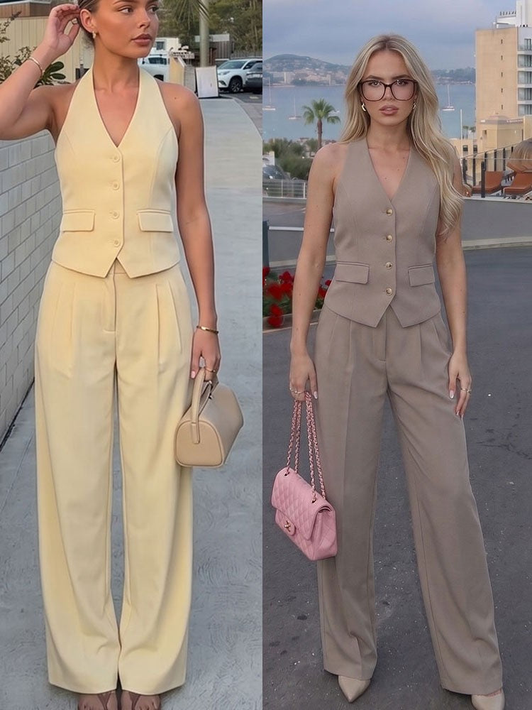 Odette Buttoned Vest & Straight-Leg Pants Set