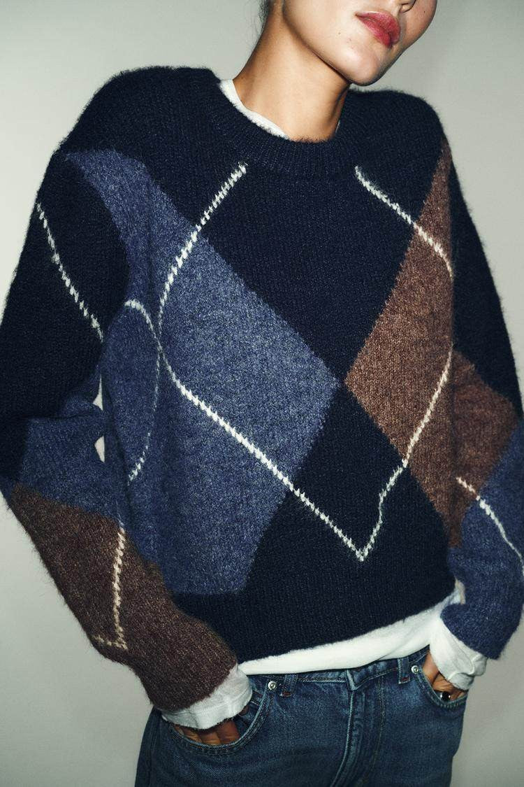 Nova Chegada de Primavera: Suéter Feminino de Tricô com Manga Longa, Gola Redonda e Padrão de Diamante, Simples, Casual, Caim...