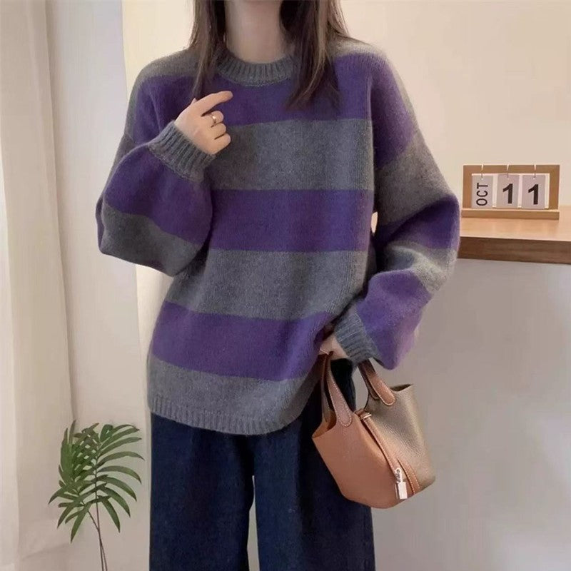 Simples listrado em torno do pescoço cashmere camisola de malha feminina solta manga comprida topo versátil outono e inverno lã base camisola