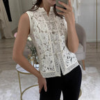 Blusas Femininas Vintage de Renda, Camisas Casuais de Verão com Gola Vazada, Elegantes com Bordado e Manga Bufante, Blusas Sexy