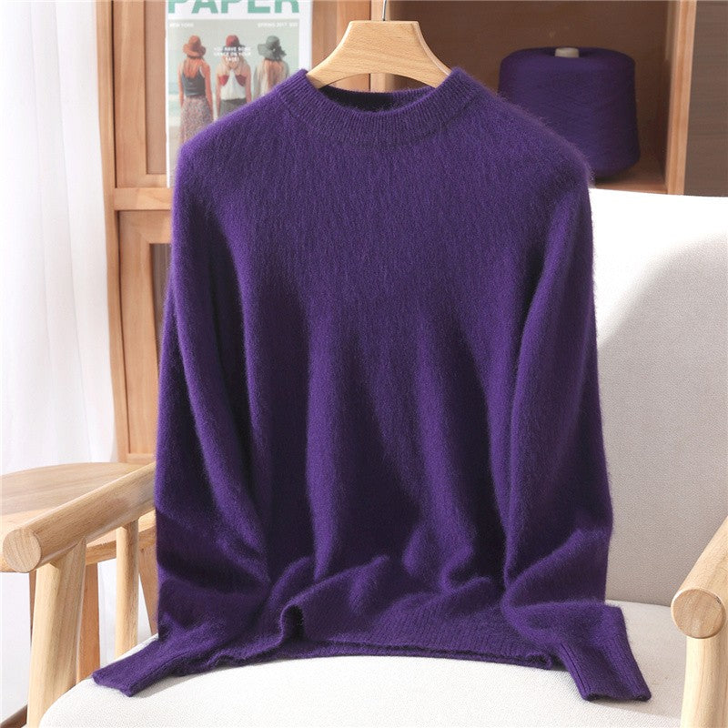 Outono e inverno novo suéter de caxemira de vison feminino curto grosso semi-gola alta camisa de fundo cor sólida simples topo