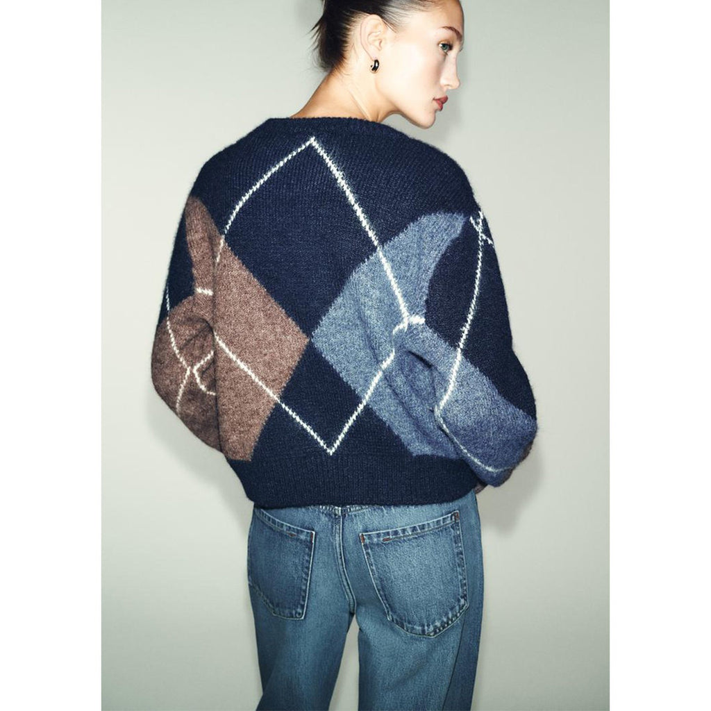 Nova Chegada de Primavera: Suéter Feminino de Tricô com Manga Longa, Gola Redonda e Padrão de Diamante, Simples, Casual, Caim...