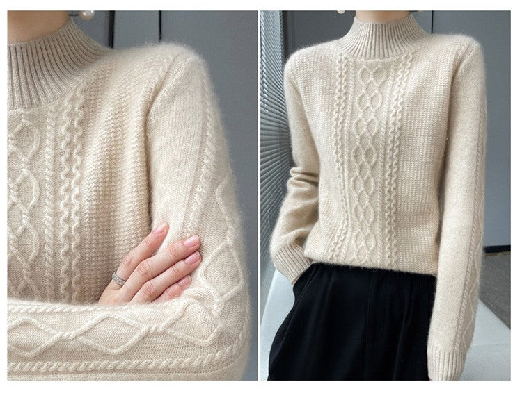 Camiseta Feminina de Gola Alta para Outono e Inverno, Suéter de Cashmere que Emite Calor, Manga Longa, Ajuste Regular