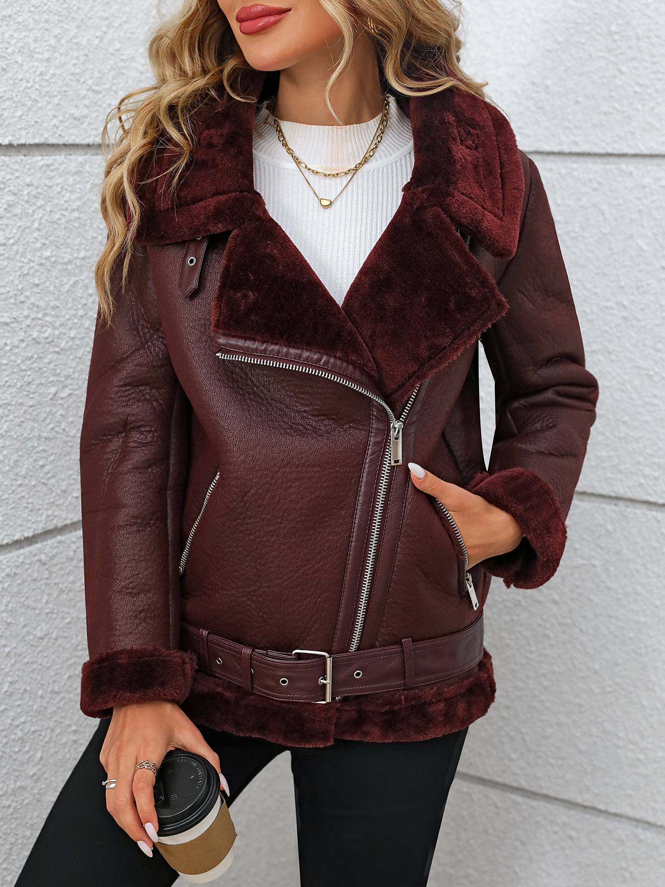 FTLZZ Faux Fur Trim Moto Jacket