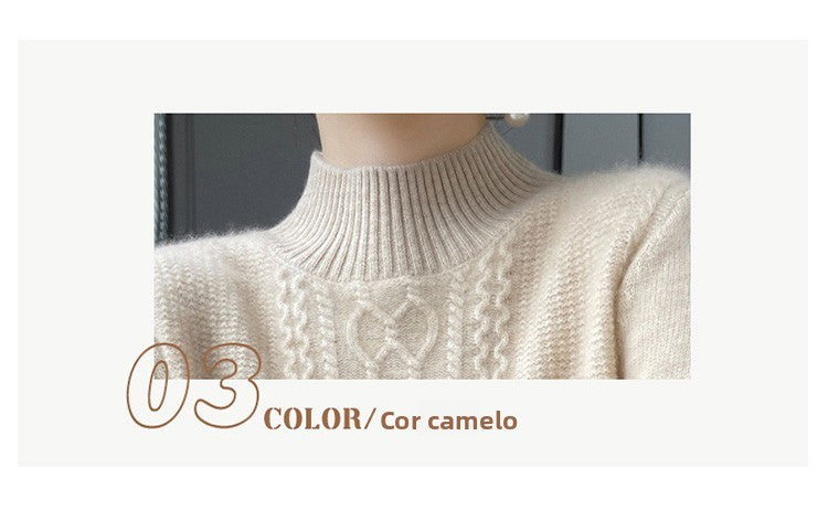 Camiseta Feminina de Gola Alta para Outono e Inverno, Suéter de Cashmere que Emite Calor, Manga Longa, Ajuste Regular