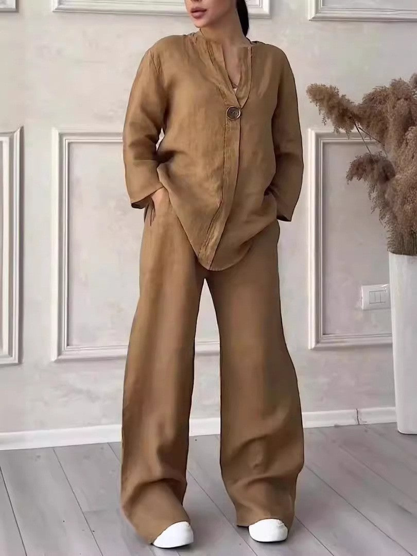 Wren Cotton-Linen Blouse & Wide-Leg Pants Set