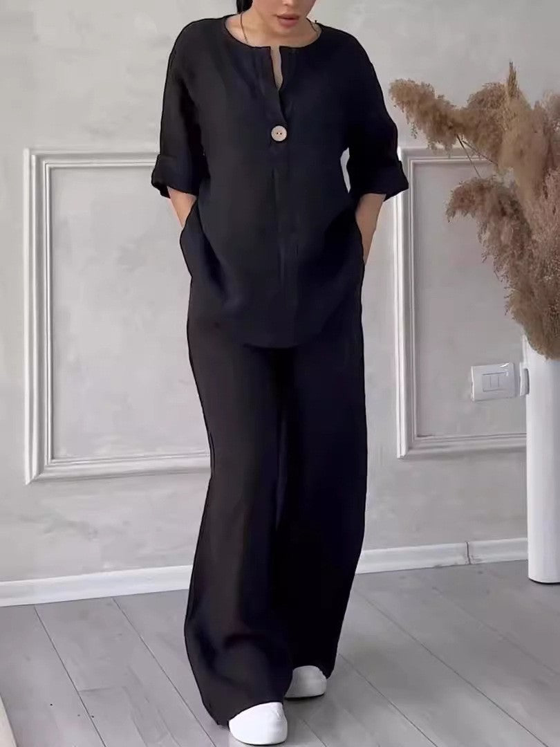 Wren Cotton-Linen Blouse & Wide-Leg Pants Set