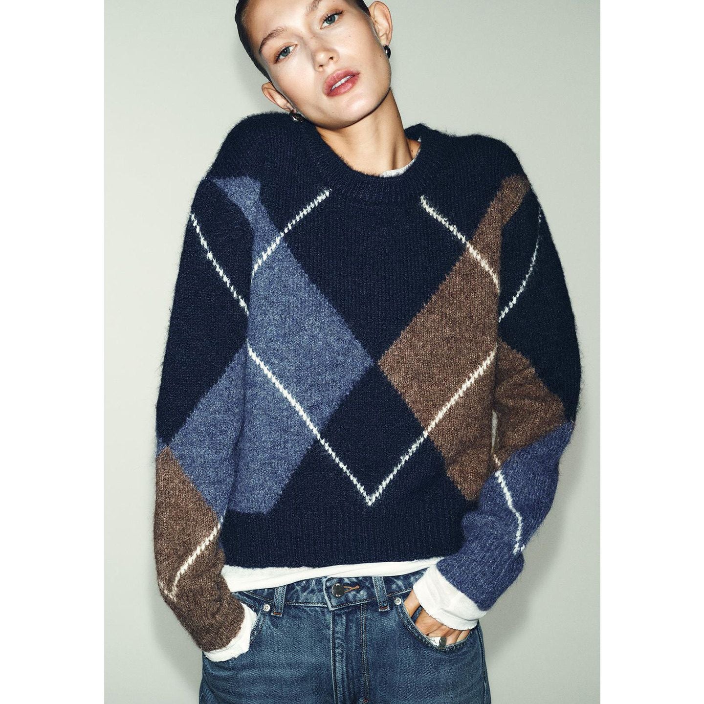 Nova Chegada de Primavera: Suéter Feminino de Tricô com Manga Longa, Gola Redonda e Padrão de Diamante, Simples, Casual, Caim...