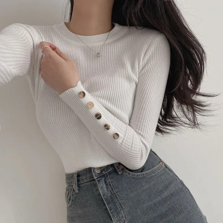 Outono inverno feminino camisola de malha manga longa botão o pescoço fino pulôver suéteres feminino macio quente bottoming topos