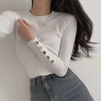 Outono inverno feminino camisola de malha manga longa botão o pescoço fino pulôver suéteres feminino macio quente bottoming topos