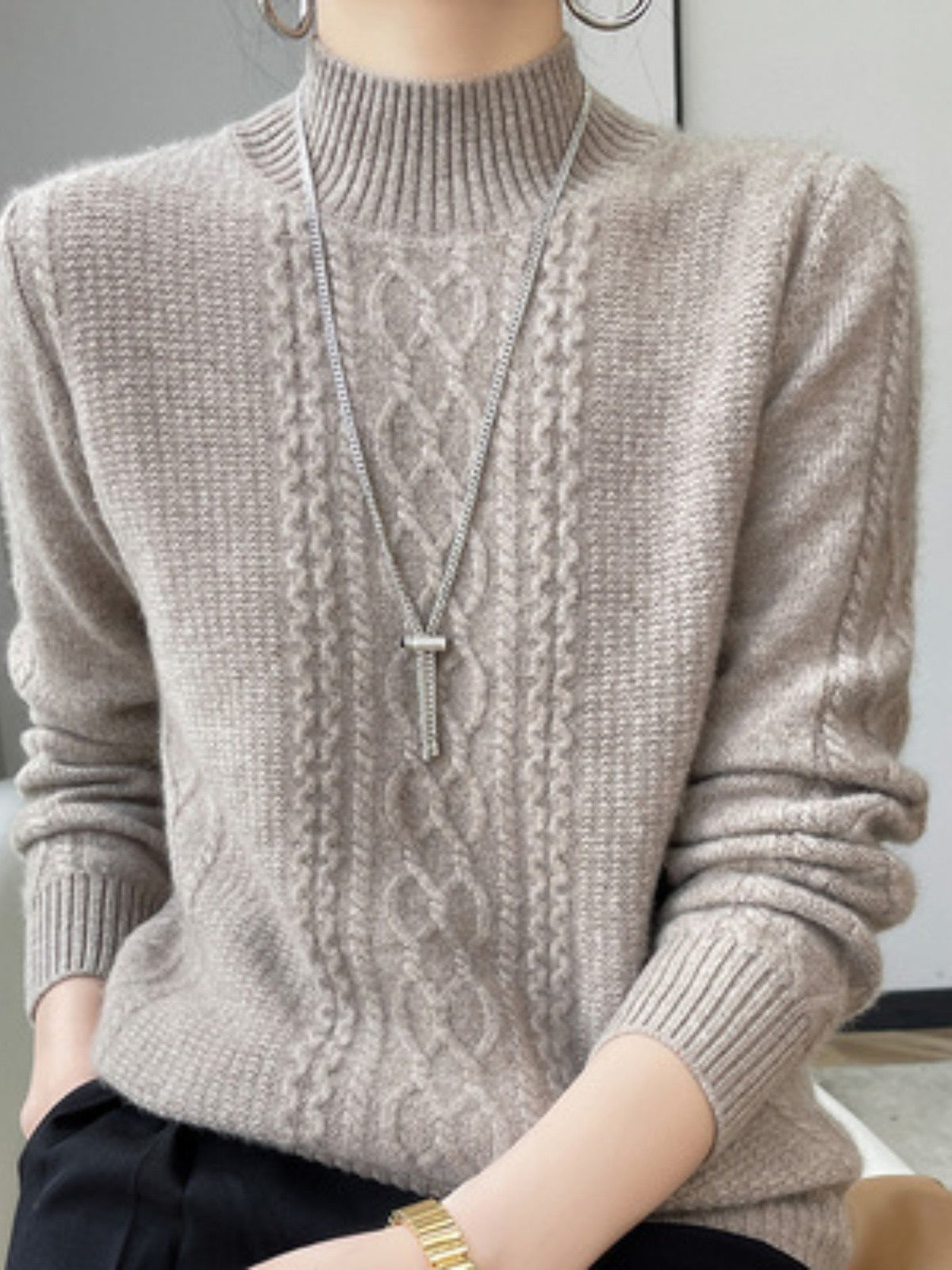 Camiseta Feminina de Gola Alta para Outono e Inverno, Suéter de Cashmere que Emite Calor, Manga Longa, Ajuste Regular