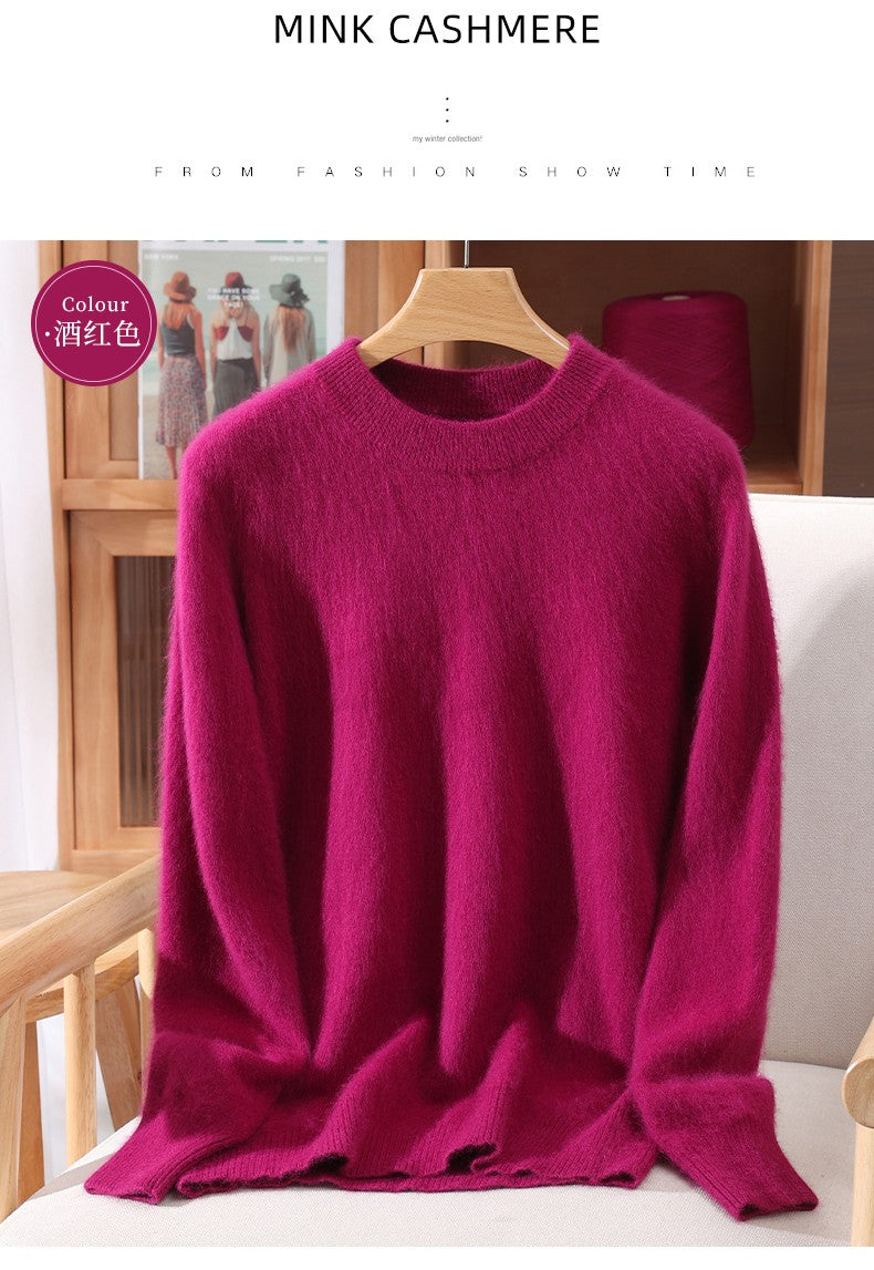 Outono e inverno novo suéter de caxemira de vison feminino curto grosso semi-gola alta camisa de fundo cor sólida simples topo