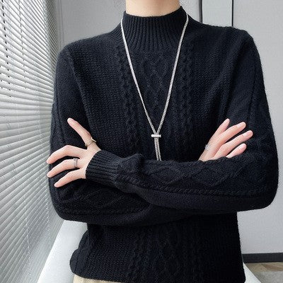 Camiseta Feminina de Gola Alta para Outono e Inverno, Suéter de Cashmere que Emite Calor, Manga Longa, Ajuste Regular