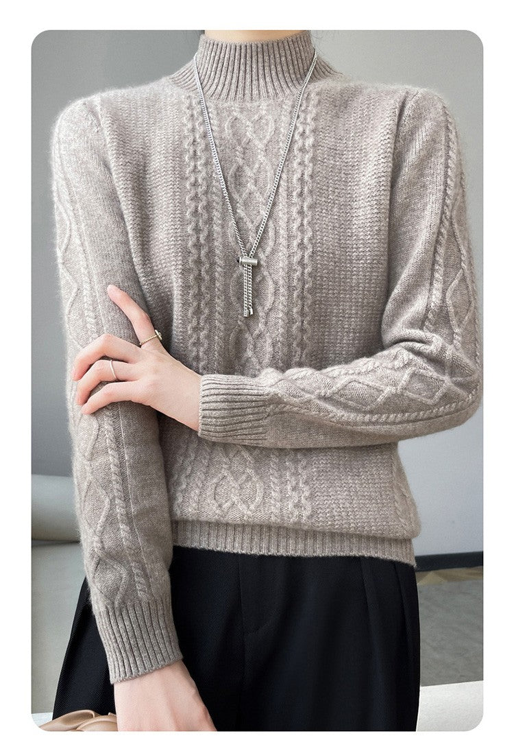 Camiseta Feminina de Gola Alta para Outono e Inverno, Suéter de Cashmere que Emite Calor, Manga Longa, Ajuste Regular