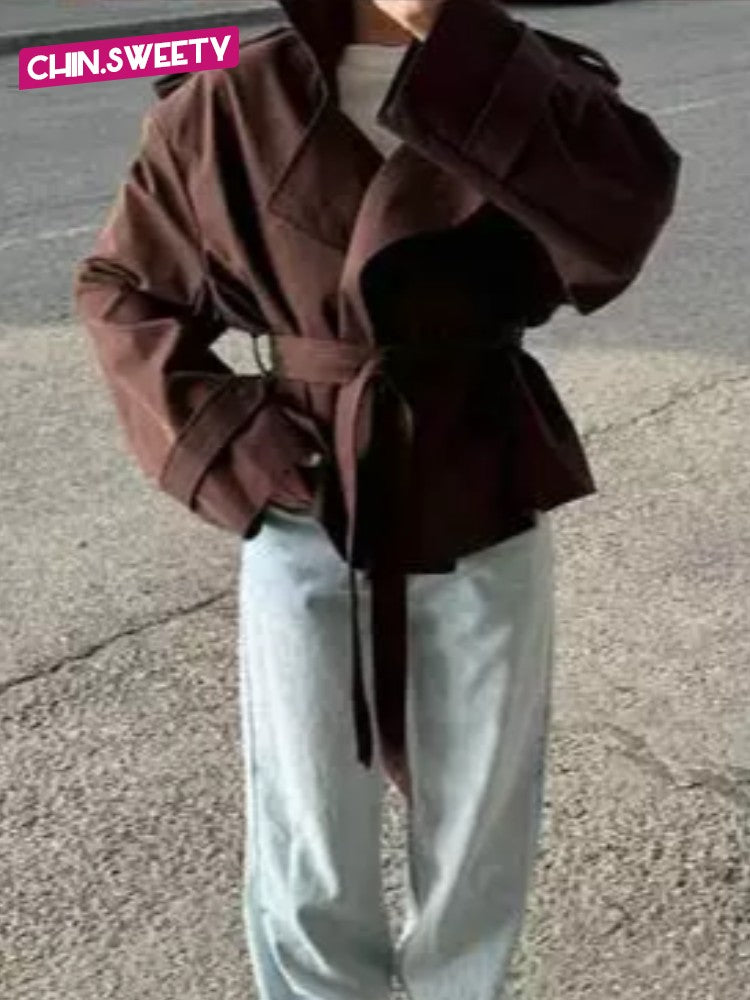 Senhora cor sólida rendas até jaqueta elegante chique manga comprida lapela botão solto casaco outono estilo rua nova jaqueta outerwear 2025
