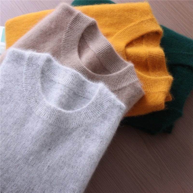 Outono e inverno novo suéter de caxemira de vison feminino curto grosso semi-gola alta camisa de fundo cor sólida simples topo