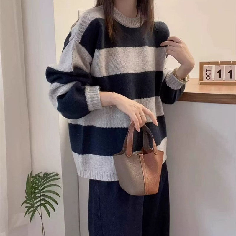 Simples listrado em torno do pescoço cashmere camisola de malha feminina solta manga comprida topo versátil outono e inverno lã base camisola