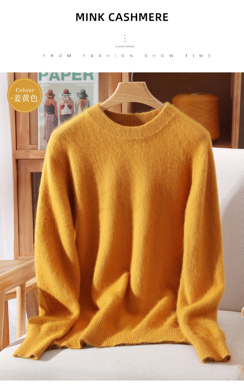 Outono e inverno novo suéter de caxemira de vison feminino curto grosso semi-gola alta camisa de fundo cor sólida simples topo