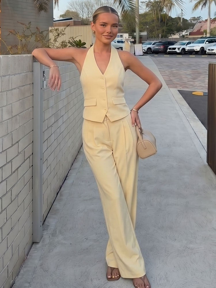 Odette Buttoned Vest & Straight-Leg Pants Set