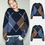 Nova Chegada de Primavera: Suéter Feminino de Tricô com Manga Longa, Gola Redonda e Padrão de Diamante, Simples, Casual, Caim...