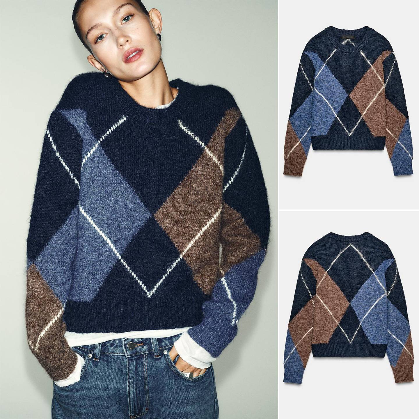 Nova Chegada de Primavera: Suéter Feminino de Tricô com Manga Longa, Gola Redonda e Padrão de Diamante, Simples, Casual, Caim...