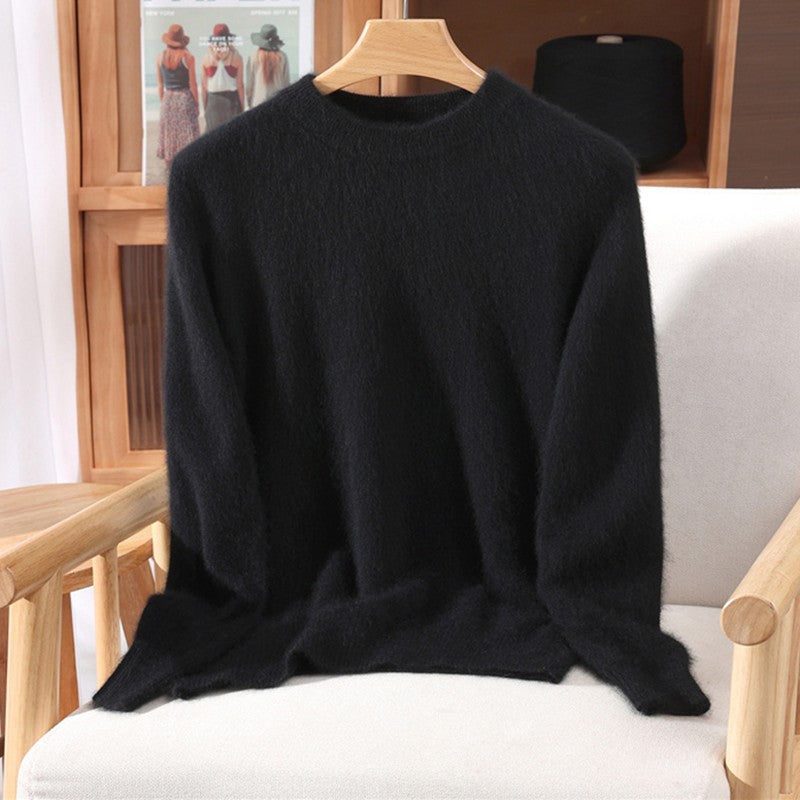 Outono e inverno novo suéter de caxemira de vison feminino curto grosso semi-gola alta camisa de fundo cor sólida simples topo