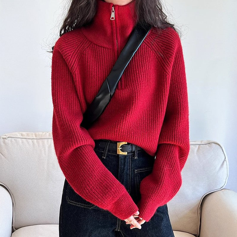 Meia gola zip camisola feminina pullovers de malha macia manga longa curto jumper outono inverno adolescente-menina roupa de moda coreana