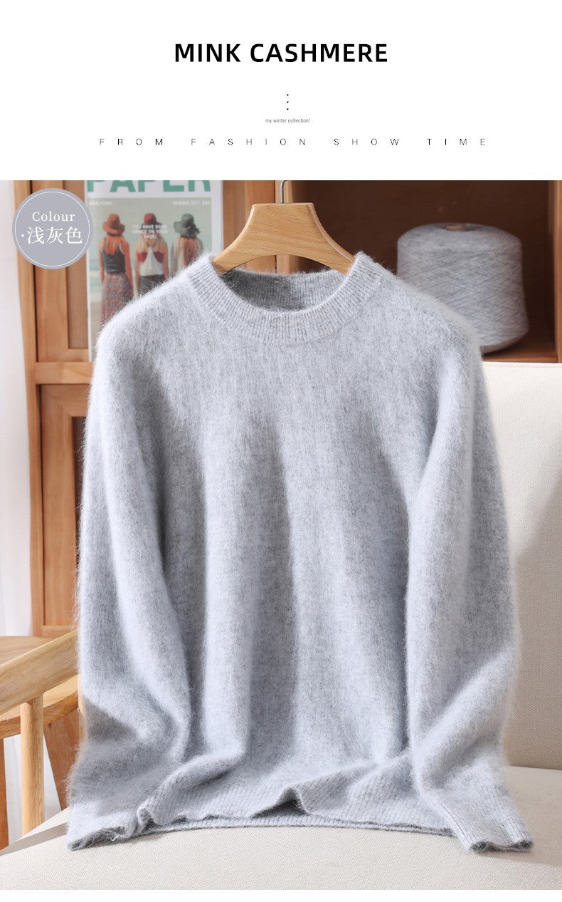 Outono e inverno novo suéter de caxemira de vison feminino curto grosso semi-gola alta camisa de fundo cor sólida simples topo