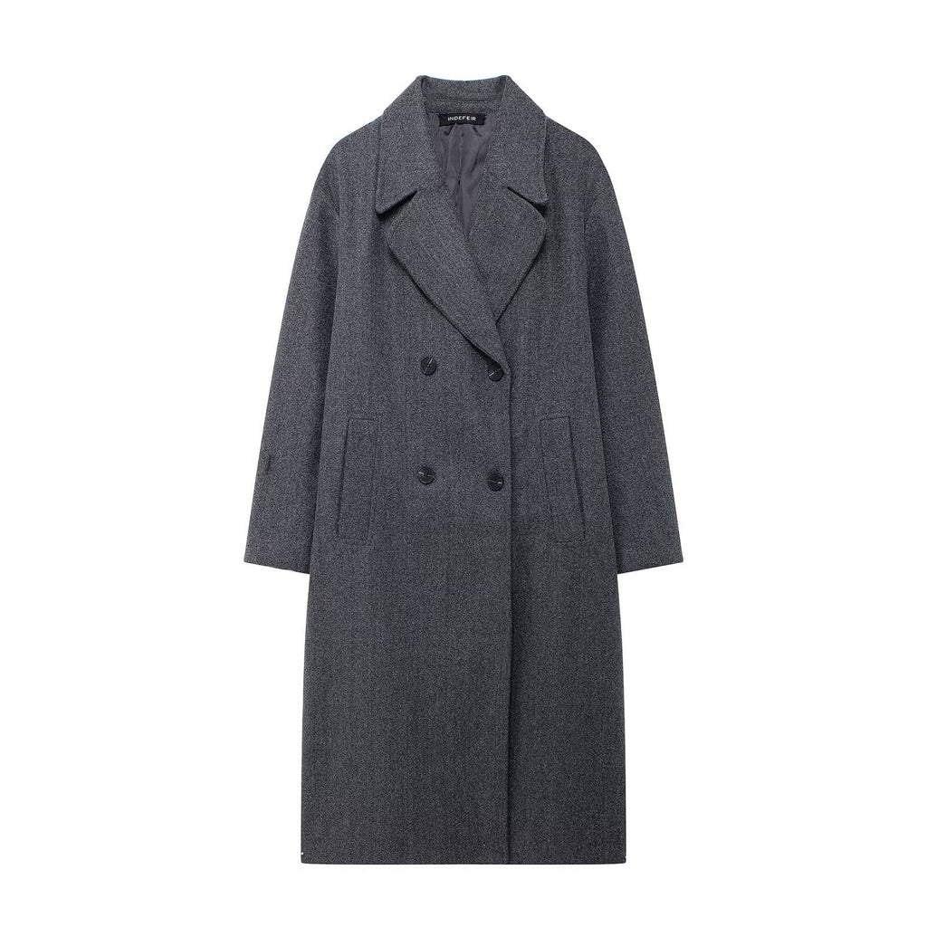Hh feminino inverno casual mistura de lã entalhado lapela gola casaco chique trespassado trench coats oversized feminino jaquetas longas